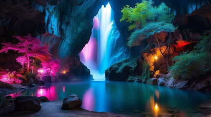 Fototapeta premium a magical lake inside a grotto reflects the night sky, magic waterfalls of different colours. Eerie, misty, peaceful, colourful