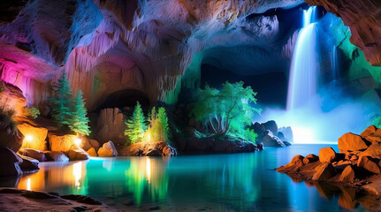Naklejka premium a magical lake inside a grotto reflects the night sky, magic waterfalls of different colours. Eerie, misty, peaceful, colourful