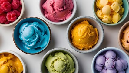 Colorful scoops of ice cream in bowls on white background.