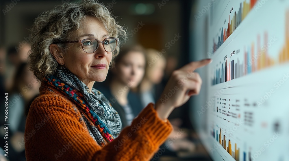 Poster A mature female instructor points to a chart on a digital screen during an educational session in a welllit classroom : Generative AI