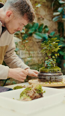 Moss and succulent in the glass terrarium. Craft gardening, greenery business concept