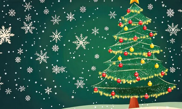 2D cartoon style Christmas tree set against a green backdrop adorned with snowflakes and stars designed for a winter greeting card