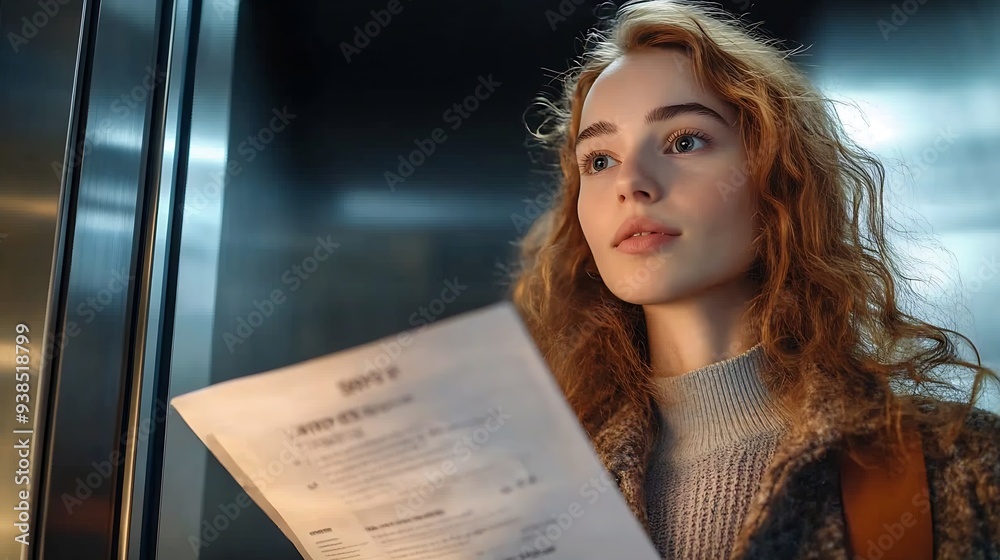 Poster a woman reads an advertisement for a new product on an elevator screen the woman is intrigued by the