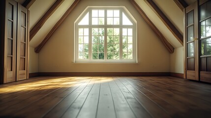 Fototapeta premium A cozy and spacious mansard styled empty room in a luxury house : Generative AI