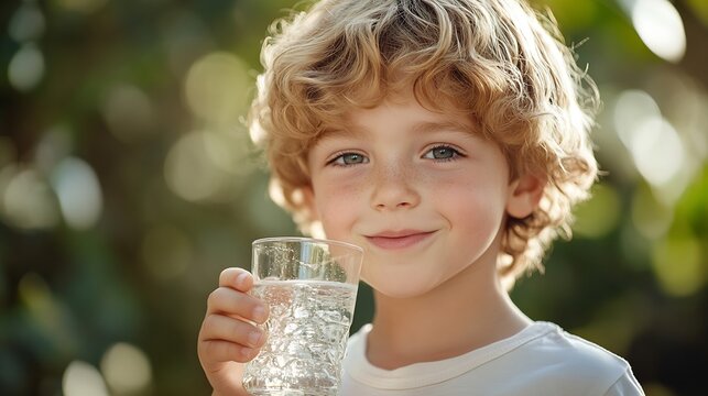 Horizontal closeup portrait of cute blond 6 years old caucasian boy looking at camera holding and drinking a glass of pure mineral water outdoors in summer Healthy lifestyle and refres : Generative AI