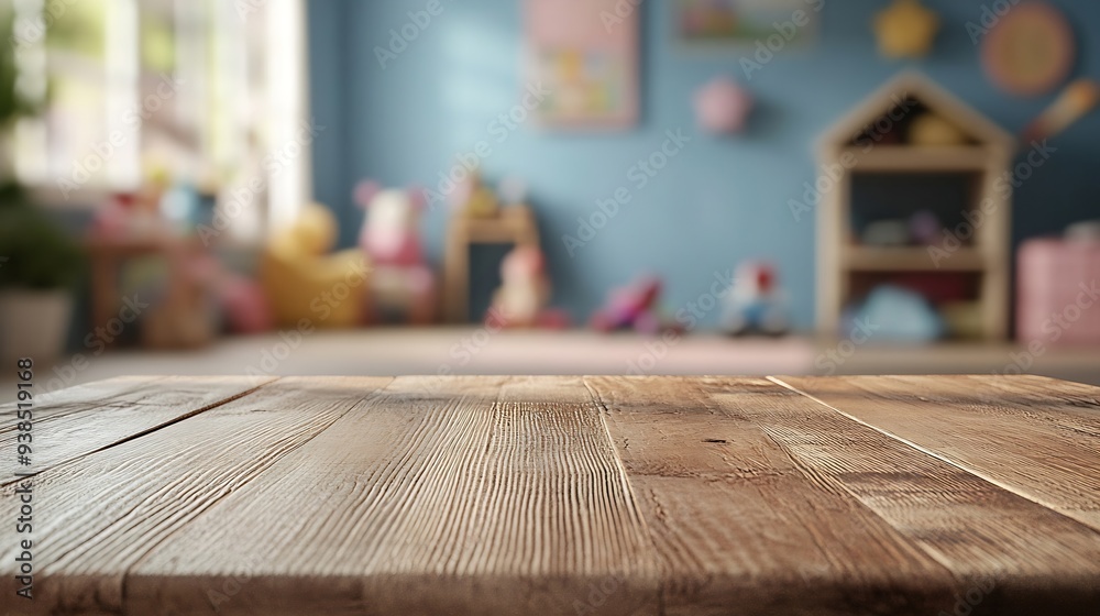 Poster wooden table free space over blur background of childrens room with kid toys product display present