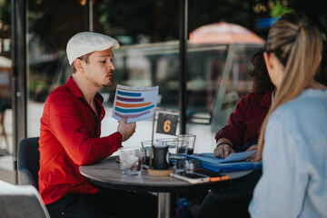 Young business associates analyzing and discussing business graphs and charts during an outdoor meeting at a modern cafe. Collaborative teamwork in a casual setting.