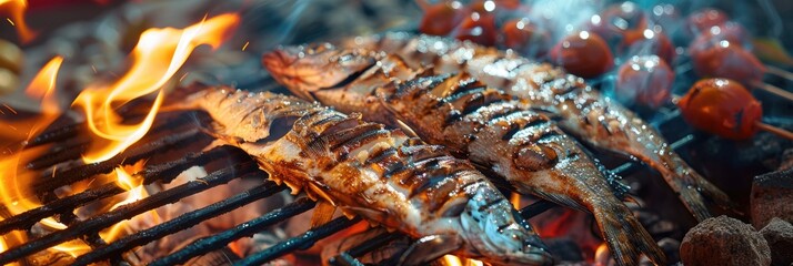 Grilled seafood featuring fish at a nighttime cookout.
