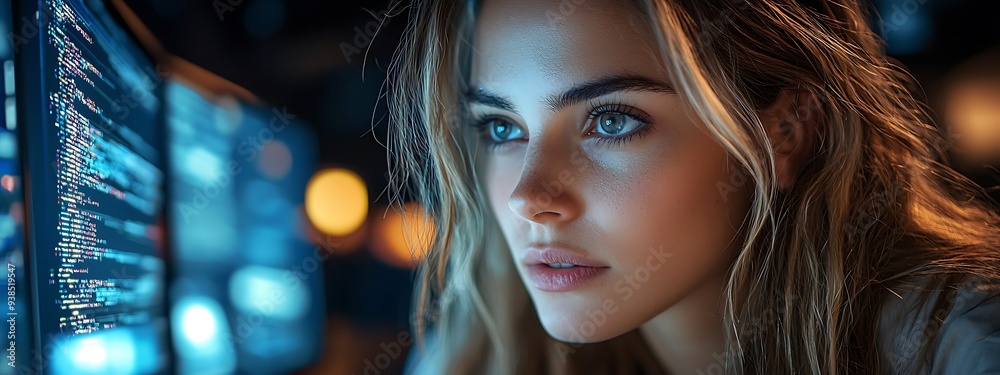 Wall mural ai cyber security concept. female it computer specialist analyzing artificial intelligence digital t