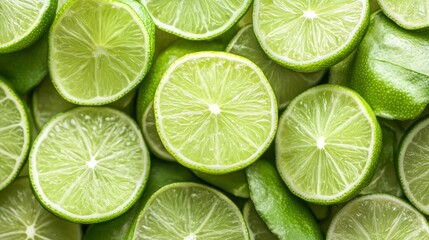 Fresh juicy lime slices as background, top view , ai
