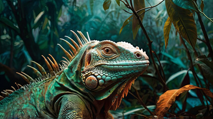 Fototapeta premium a surreal and vibrant cinematic photo of an iguana, nestled in a mystical jungle clearing surrounded by eerie fog and twisted vines