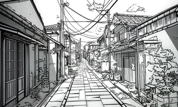 2D cartoon style comic backdrop featuring intricate line work in a Japanese comic aesthetic Number 005