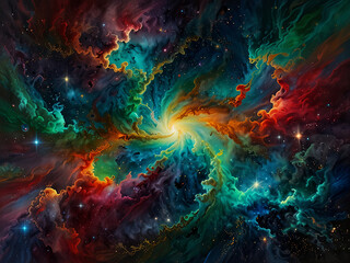 a swirling cosmic masterpiece, colourful nebulae dance across the canvas in a breath taking display of vibrant hues