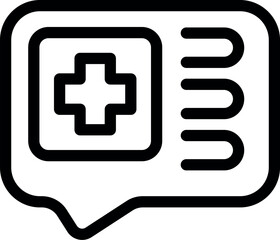 Simple vector icon of a speech bubble containing a medical cross and lines of text, representing online medical consultation