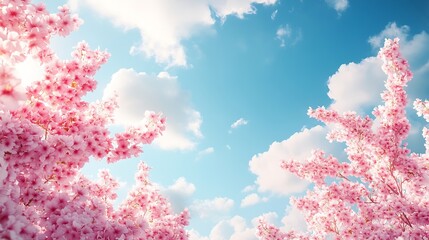 Fototapeta premium A beautiful flowering cherry blossom tree in full bloom against a clear blue sky with fluffy white clouds Delicate pink blossoms create a stunning natural display : Generative AI