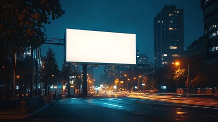 Blank white billboard on city buildings background at night front view Mockup advertising concept : Generative AI