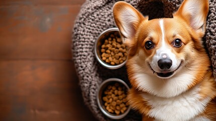 Cute Corgi dog with different pet accessories and bowls for food lying on brown background : Generative AI