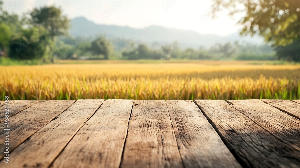 Leinwandbilder wooden table top on blur rice field background in daytimeharvest rice or whole wheatfor montage prod