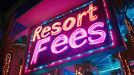 Resort Fees, written in a neon sign, Las Vegas style. Annoying fees at a hotel amenities while on vacation