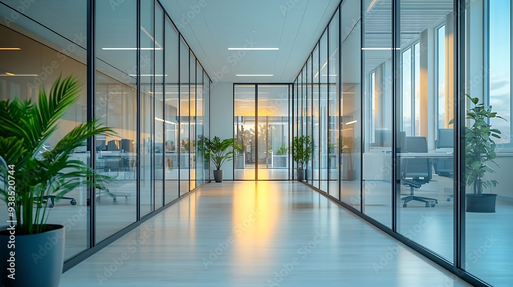 Poster modern office space with light walls and floor and glass partitions : generative ai