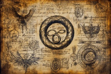 Fototapeta premium Ouroboros Ancient Scroll Various Gnosticism, Alchemy Religion Spiritual Symbol