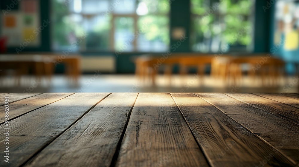Poster empty wooden table and blurred image of empty classroom : Generative AI