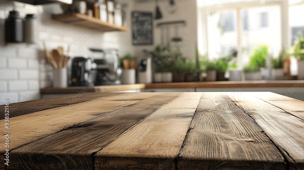 Poster empty horizontal wooden table top with blur background in a kitchen : generative ai