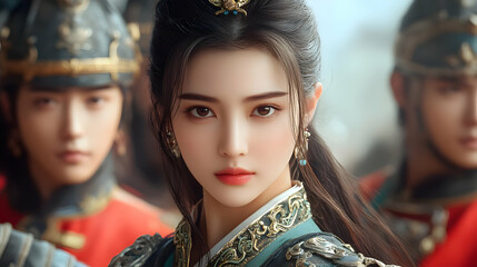 Fototapeta premium A young woman in traditional Chinese clothing looks directly at the camera, her hair pulled back in a simple style with a jeweled ornament.