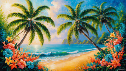 a vibrant oil painting of a tropical paradise, bursts with life and colour
