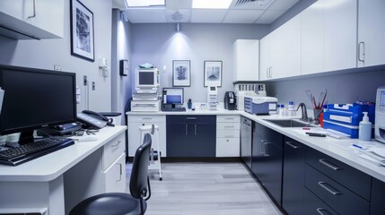 Modern examination room with organized tools, digital monitors, and sterile surfaces, professional setup with ample copy space for healthcare services