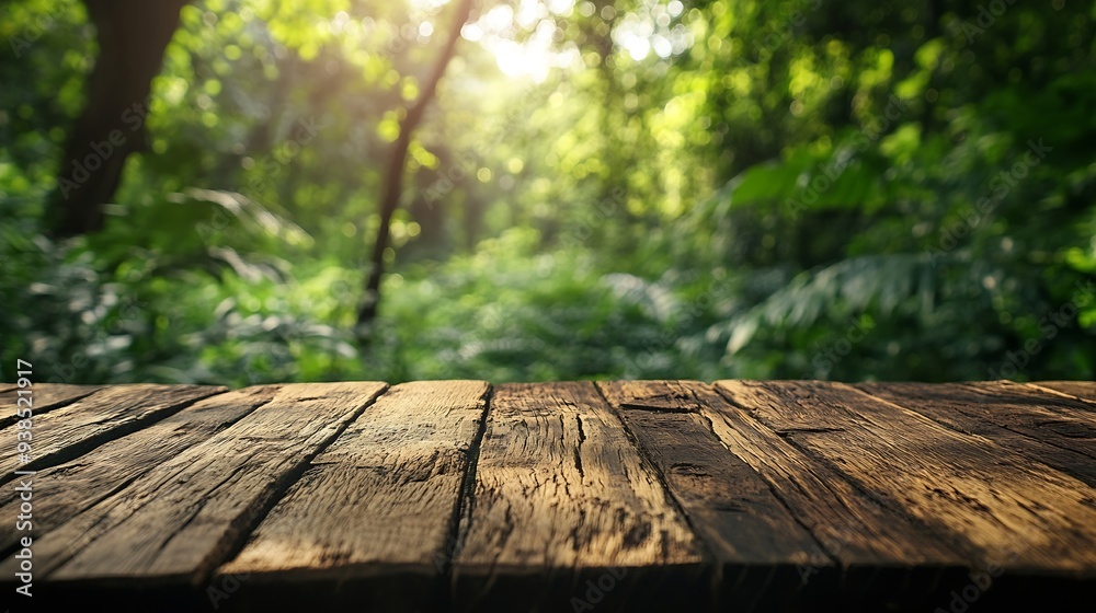 Aufkleber empty wood table top with blur background of nature lush green forest the table giving copy space fo