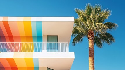 White building with colorful rainbow stripes and a palm tree in Palm Springs California : Generative AI