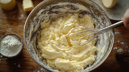 Top view of Creaming butter and sugar with a whisk the process of making a cake overhead view of mixing butter and sugar to make a pound cake : Generative AI