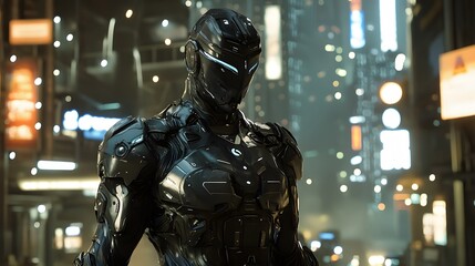 Futuristic Cyborg in a Cityscape.