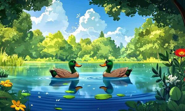 2D cartoon style ducks swimming in a serene lake during summer