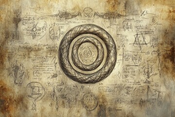Naklejka premium Ouroboros Ancient Scroll Various Gnosticism, Alchemy Religion Spiritual Symbol