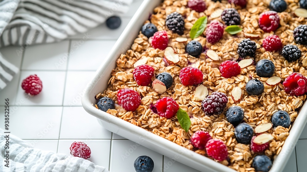 Poster tasty baked oatmeal with berries and almonds in baking tray on white tiled table top view : generati