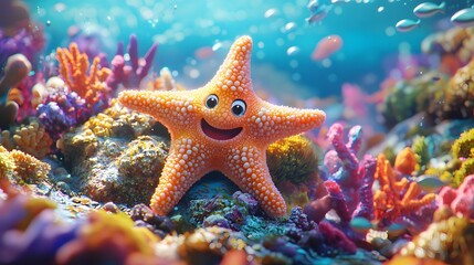 Happy Starfish in Coral Reef.