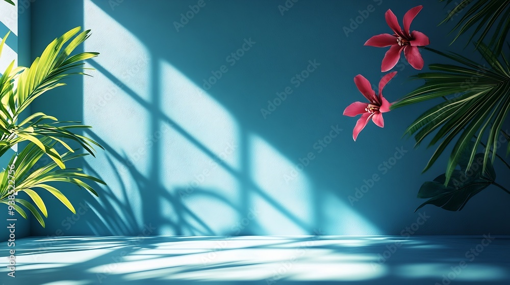 Aufkleber Abstract blue color gradient studio background for product presentation Empty room with shadows of window and flowers and palm leaves  3d room with copy space Summer concert Blurred ba : Generative AI