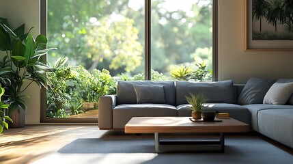 Fototapeta premium Interior of light living room with grey sofa coffee table and big window : Generative AI