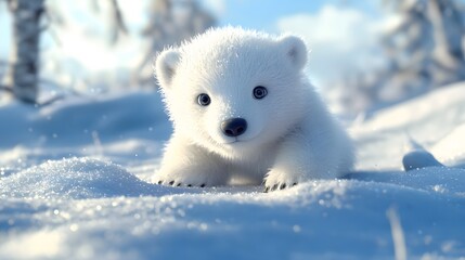 Adorable Polar Bear Cub in Snowy Landscape.