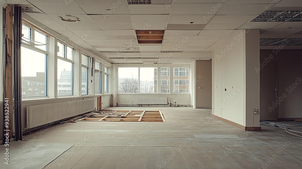 Poster an empty office with all the materials removed raised floors and cables hung to make a new renovatio