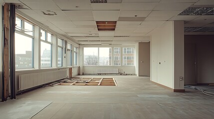 An empty office with all the materials removed raised floors and cables hung to make a new renovation : Generative AI