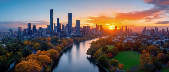 Cityscape Sunrise With River And Park
