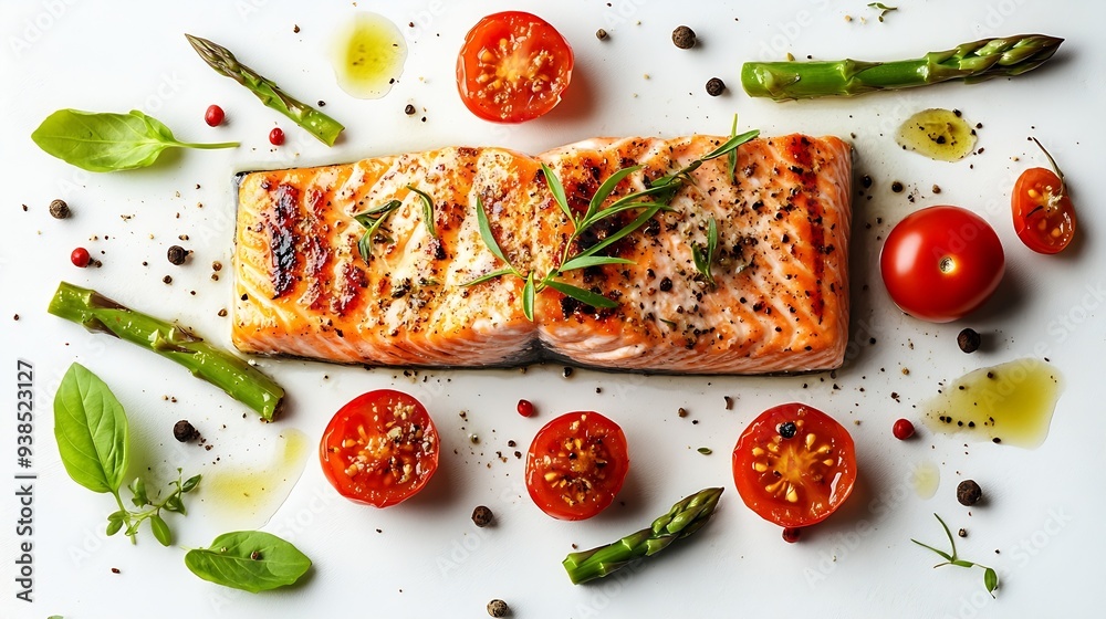 Poster tasty grilled salmon with tomatoes asparagus and spices isolated on white top view : generative ai