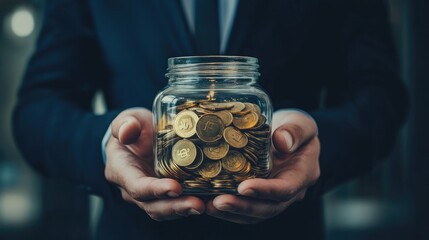holding a jar filled with coins, representing successful investment and financial growth