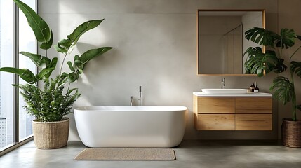 Modern minimalist bathroom interior modern bathroom cabinet white sink wooden vanity interior plants bathroom accessories bathtub and shower white and beige walls concrete floor : Generative AI