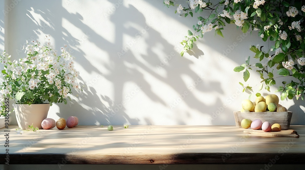 Aufkleber table background of free space and kitchen interiorwhite wall with shadows and sunny warm morning ti