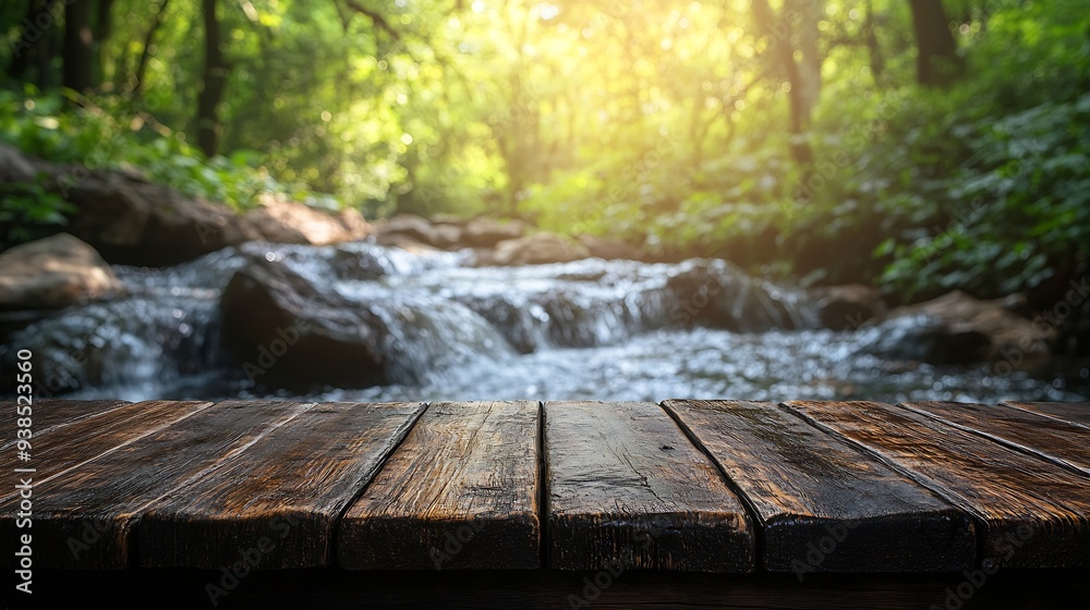 Leinwandbilder wooden table top on blur stream and forest natural background in waterfallfor montage product displa