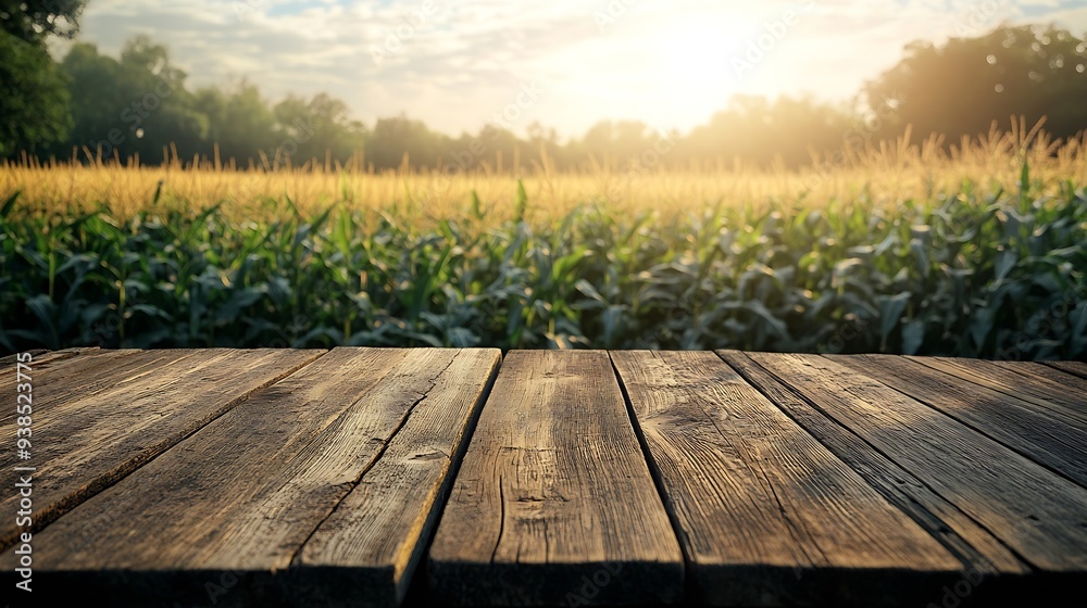 Fototapete the empty wooden table top with blur background of corn field exuberant image : generative ai